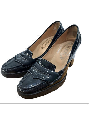 VTG TOD's 90s Jodie Black Patent Leather Heeled Loafers Pumps 36 W/Box 5.5 US